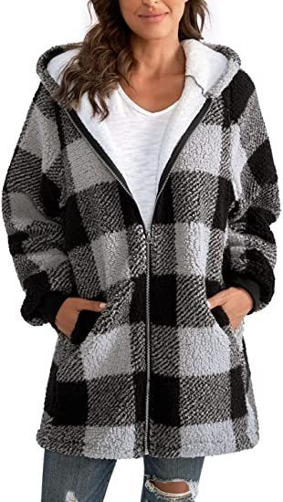 Women's Long Sleeved Plaid Plush Coat