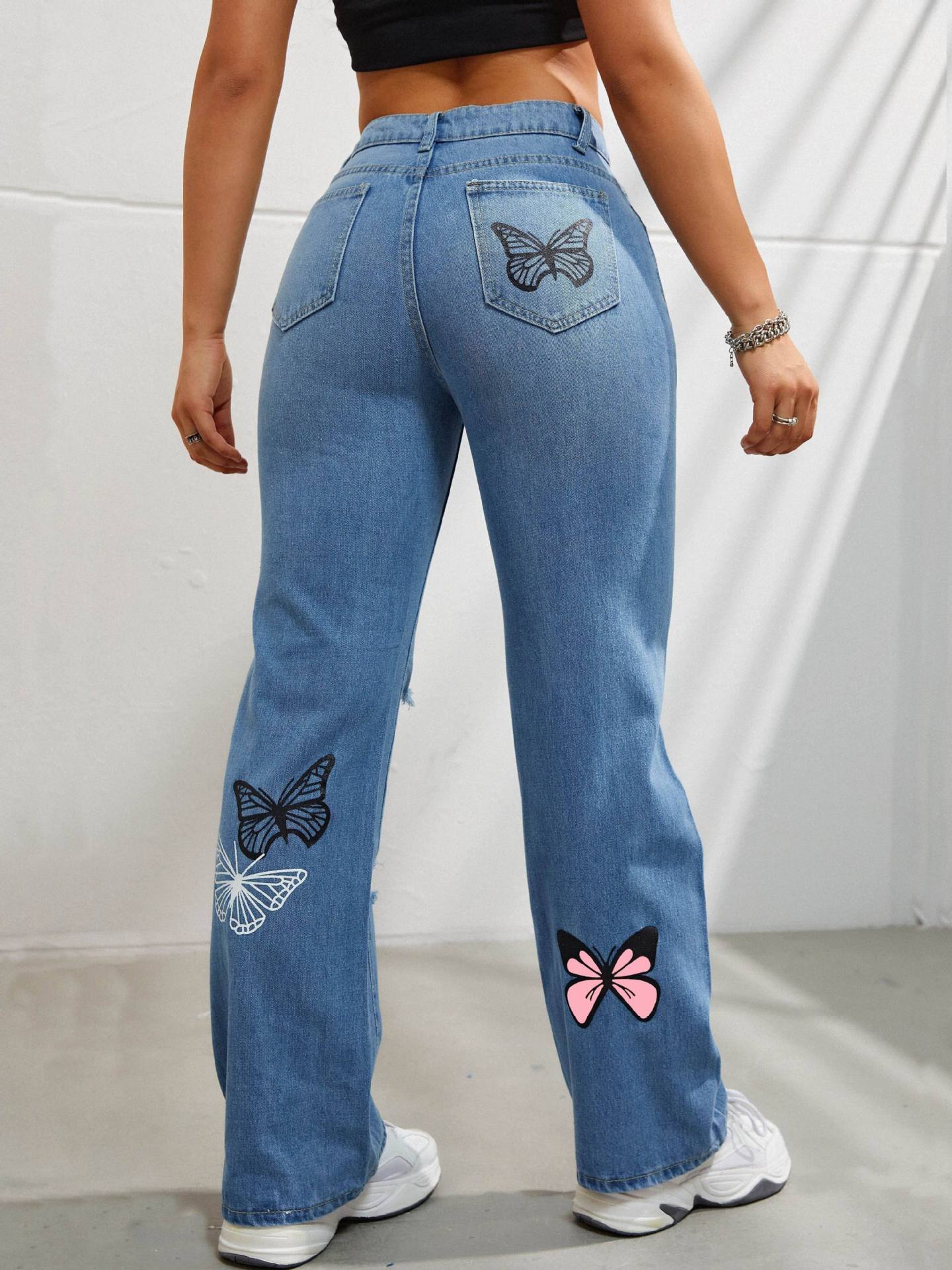 Women's High Waisted Straight Leg Distressed Denim Jeans