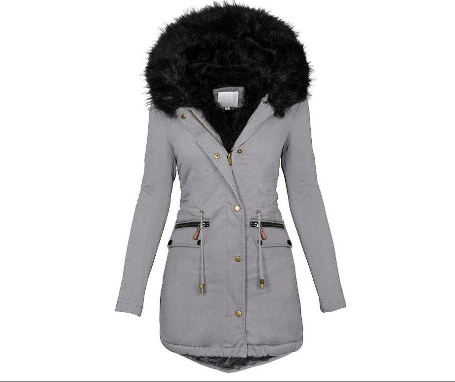 Women's Fur Collar Hood Mid-Length Thermal Cotton Jacket