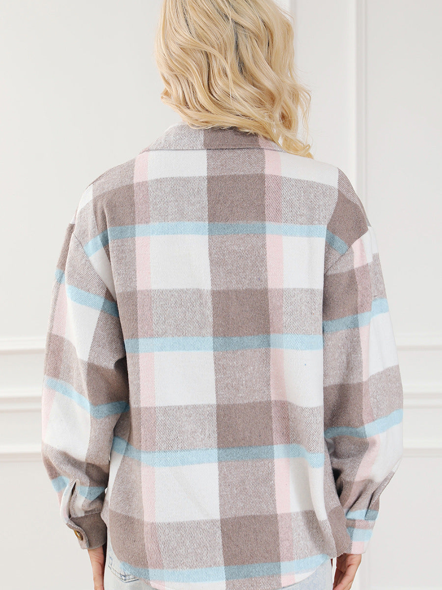 Women's Turn-down Collar Plaid Coat