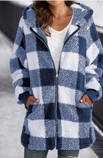 Women's Long Sleeved Plaid Plush Coat