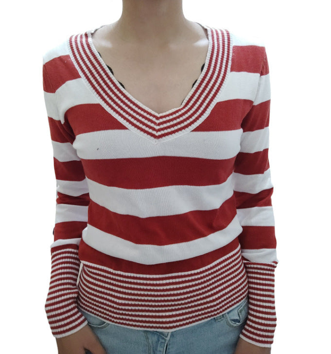 Women's Striped Peach Collar Tight Flared Sleeve Sweater