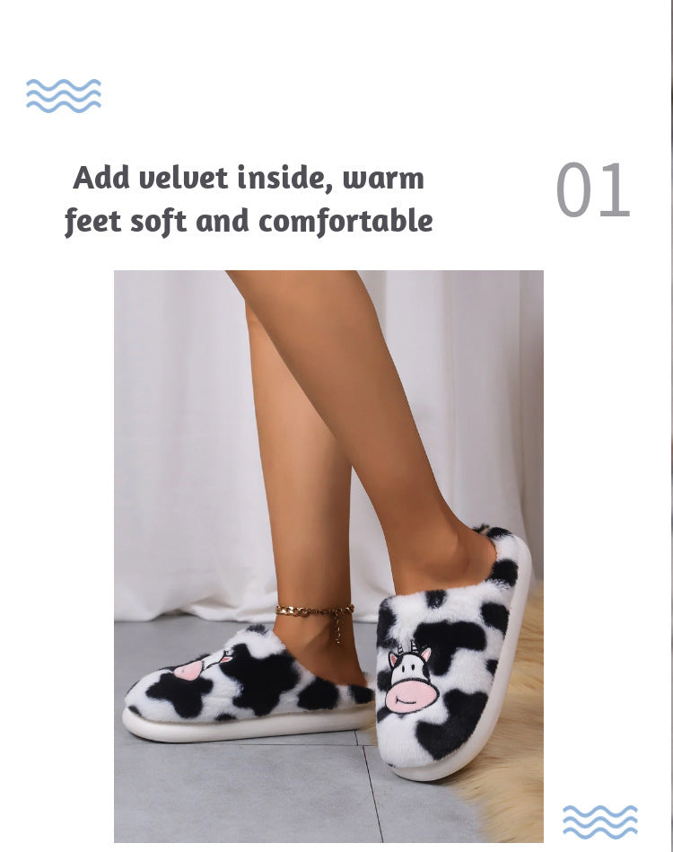 Cartoon Cow Cotton Slippers Indoor Non-slip Warm House Shoes Winter