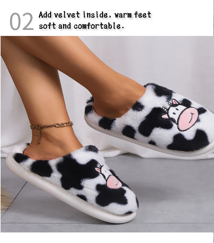 Cartoon Cow Cotton Slippers Indoor Non-slip Warm House Shoes Winter