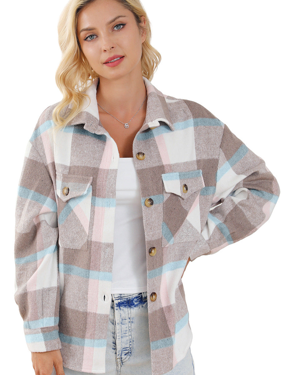 Women's Turn-down Collar Plaid Coat