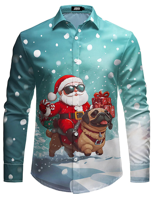 JOGAL Mens Christmas Shirt Turkey Thanksgiving Shirt Long Sleeve Santa Claus Button Down Shirt New Year Party Shirts Azure Large