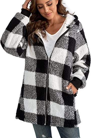 Women's Long Sleeved Plaid Plush Coat