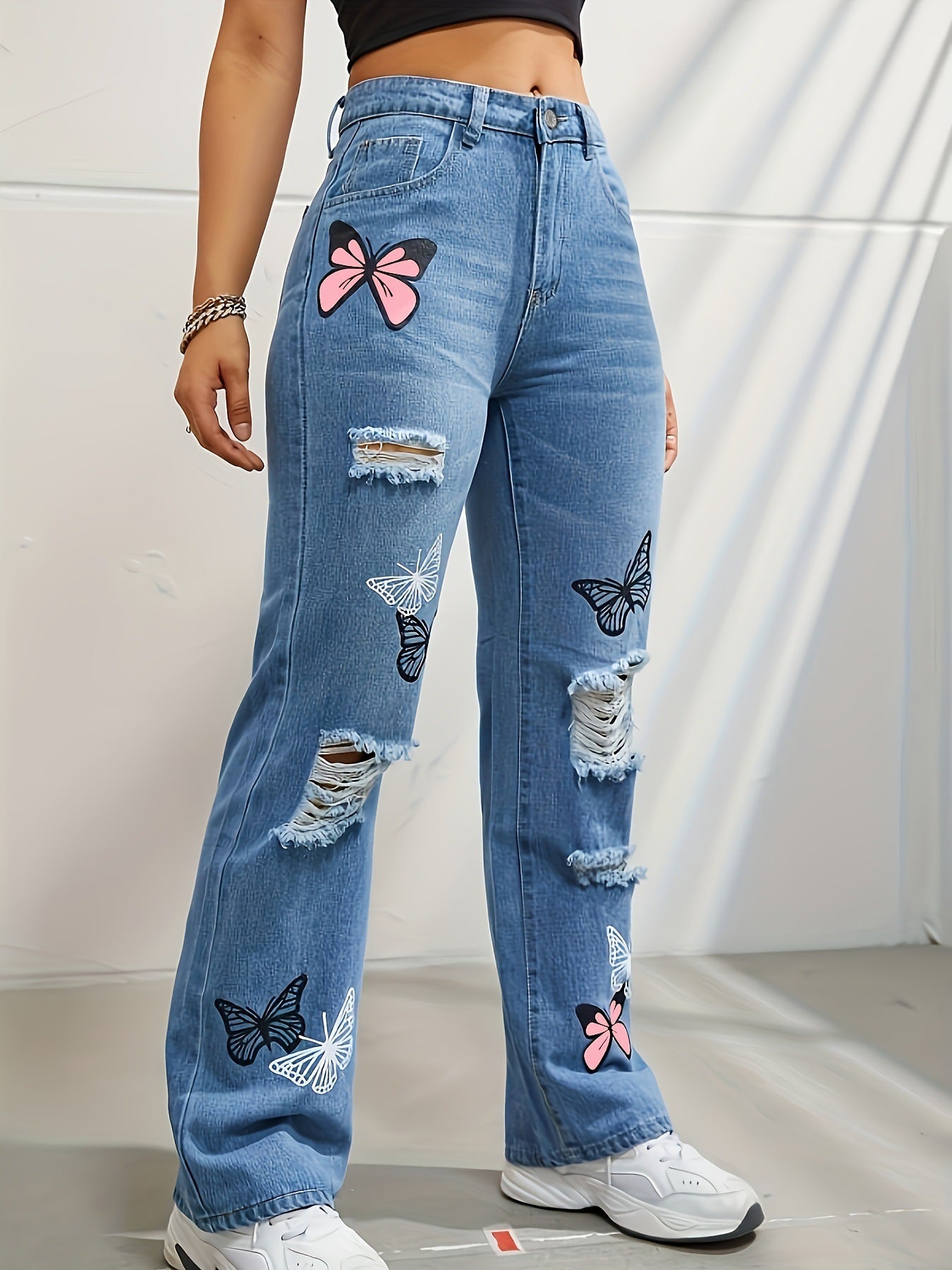 Women's High Waisted Straight Leg Distressed Denim Jeans