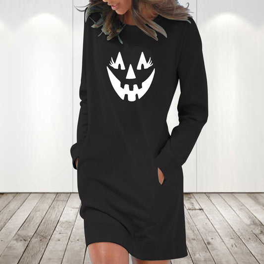 Loose Round Neck Long Sleeve Halloween Skirt Pumpkin