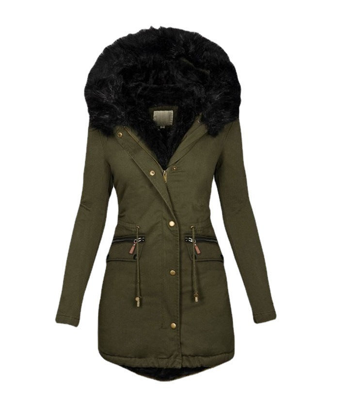 Women's Fur Collar Hood Mid-Length Thermal Cotton Jacket