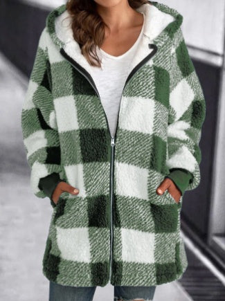 Women's Long Sleeved Plaid Plush Coat