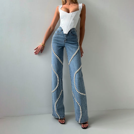 Loose Straight-cut Rhinestone Jeans