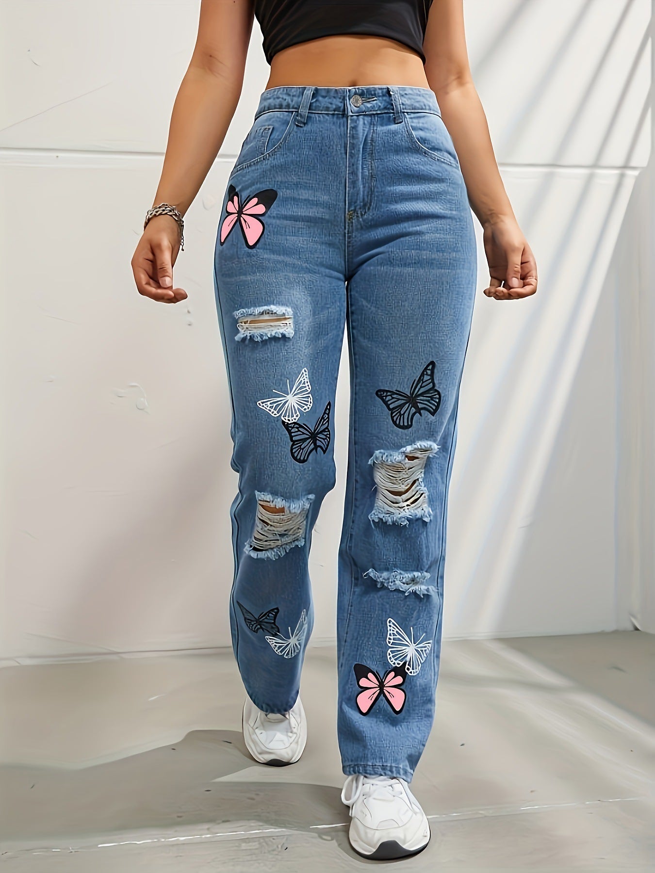 Women's High Waisted Straight Leg Distressed Denim Jeans