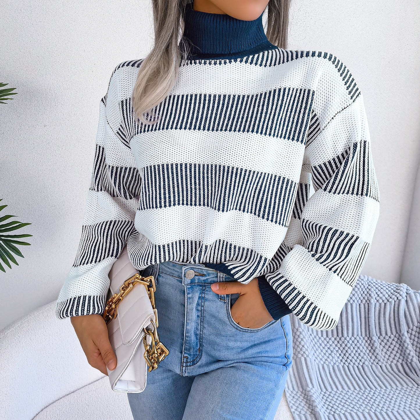 Stripe High Neck Sweater