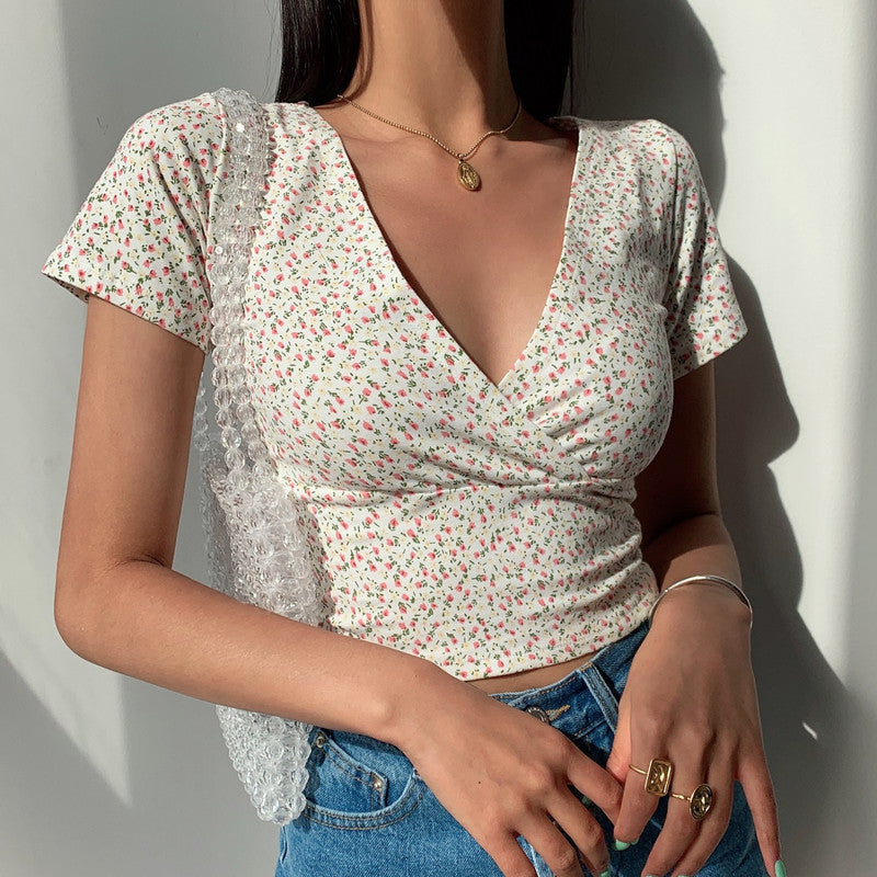 Women's New Floral Short Cropped Navel Like Temperament Top