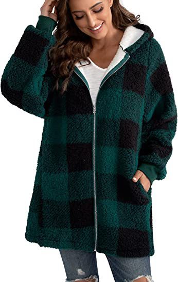 Women's Long Sleeved Plaid Plush Coat