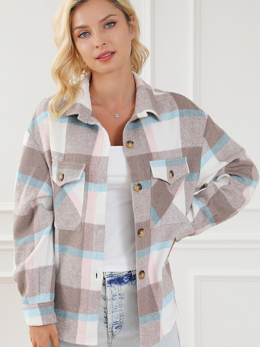 Women's Turn-down Collar Plaid Coat