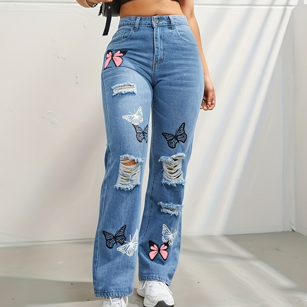 Women's High Waisted Straight Leg Distressed Denim Jeans