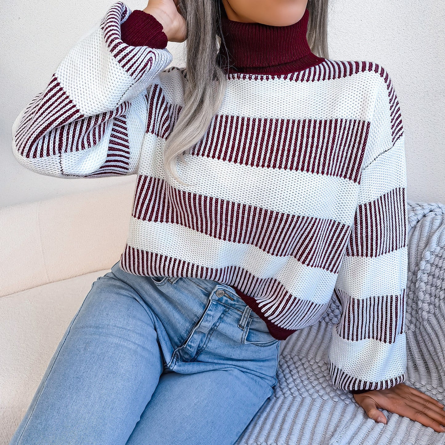 Stripe High Neck Sweater