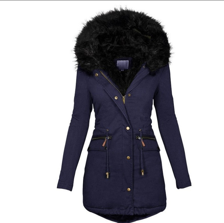 Women's Fur Collar Hood Mid-Length Thermal Cotton Jacket