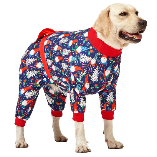 LovinPet Dog Christmas Pajamas Large - Long Sleeve Shirts for Big Dogs Holiday Costume Lightweight Pullover A Gnome to FA La in Navy Large Dog Pjs Pitbull Clothes Dog Onsie Xmas Outfit XLarge