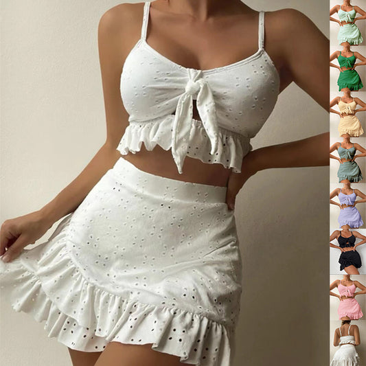 3pcs Beach Bikini With Hip-hugging Skirt