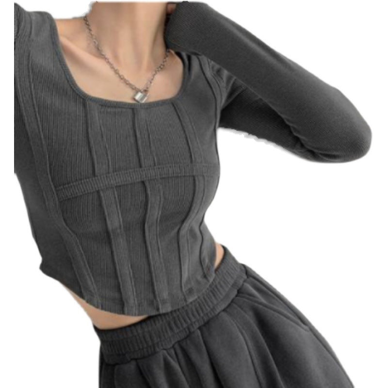 Long Sleeve Undercoat Women's Short Plastic Fishbone Waist Shirt