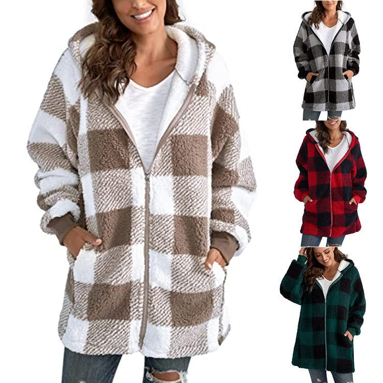 Women's Long Sleeved Plaid Plush Coat