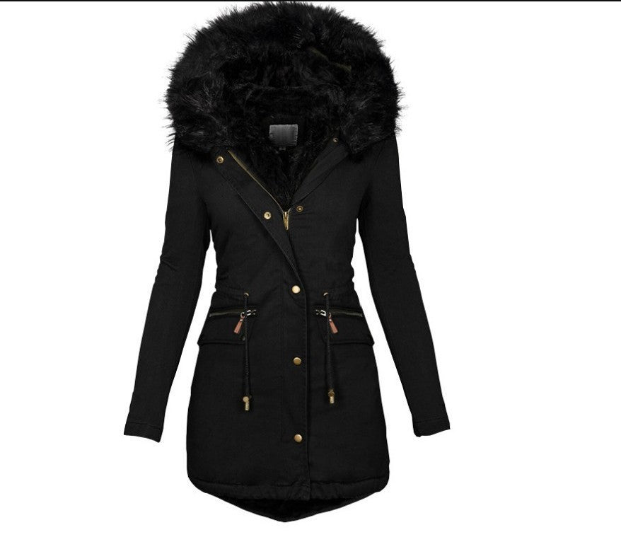 Women's Fur Collar Hood Mid-Length Thermal Cotton Jacket