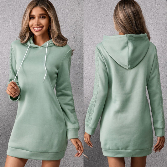 Women's Solid Color Mid Length Hooded Sweater Dress