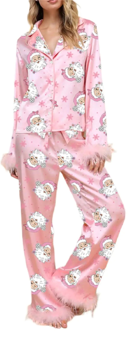 LILTWIST Christmas Feather Trim Pajamas for Women Holiday Pink Silk Satin Pjs Xmas Cute Long Sleeve Shirts and Pj Pants Sets