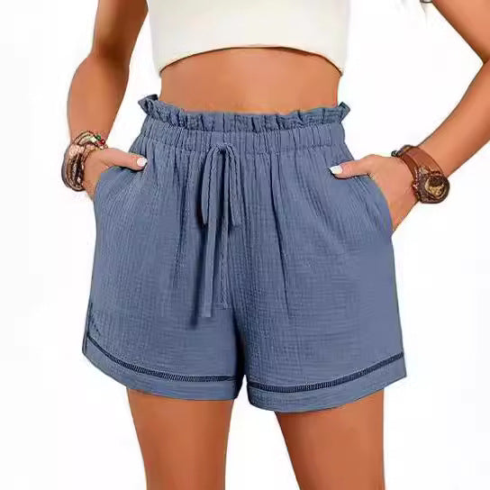 High Waist Lace-up Loose-fitting Wide-leg Shorts