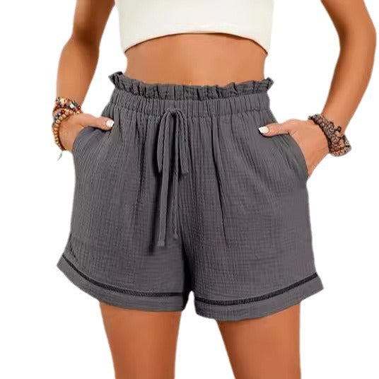 High Waist Lace-up Loose-fitting Wide-leg Shorts