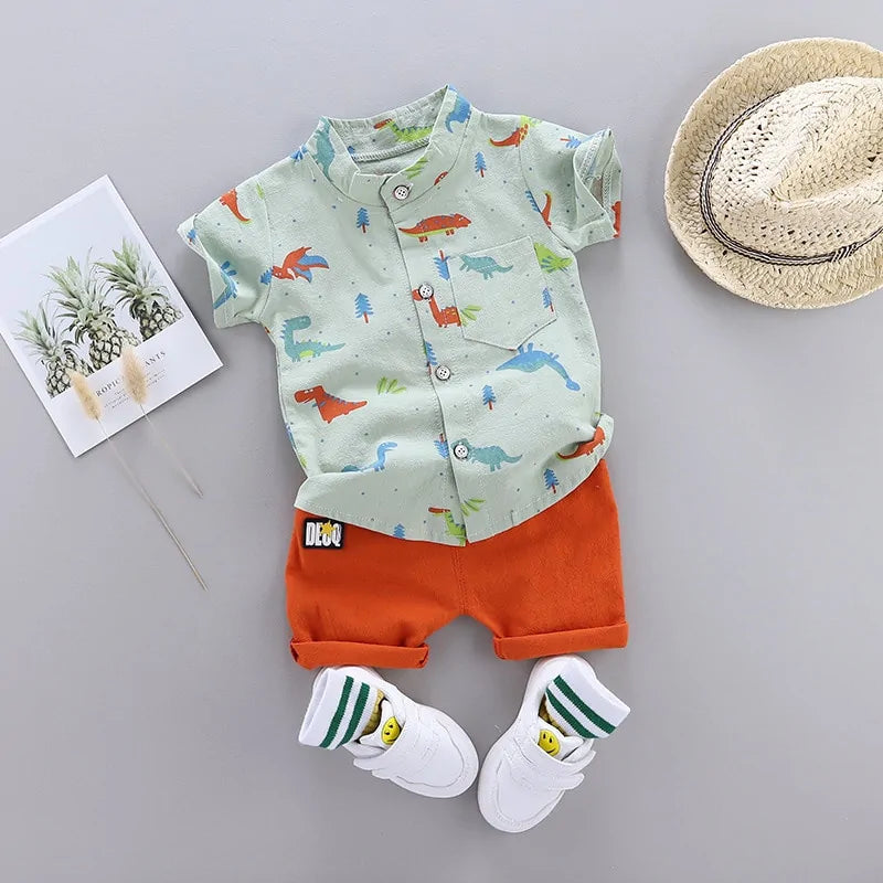 Cartoon Dinosaur Print Toddler Boy Summer Set: Shirt + Pants