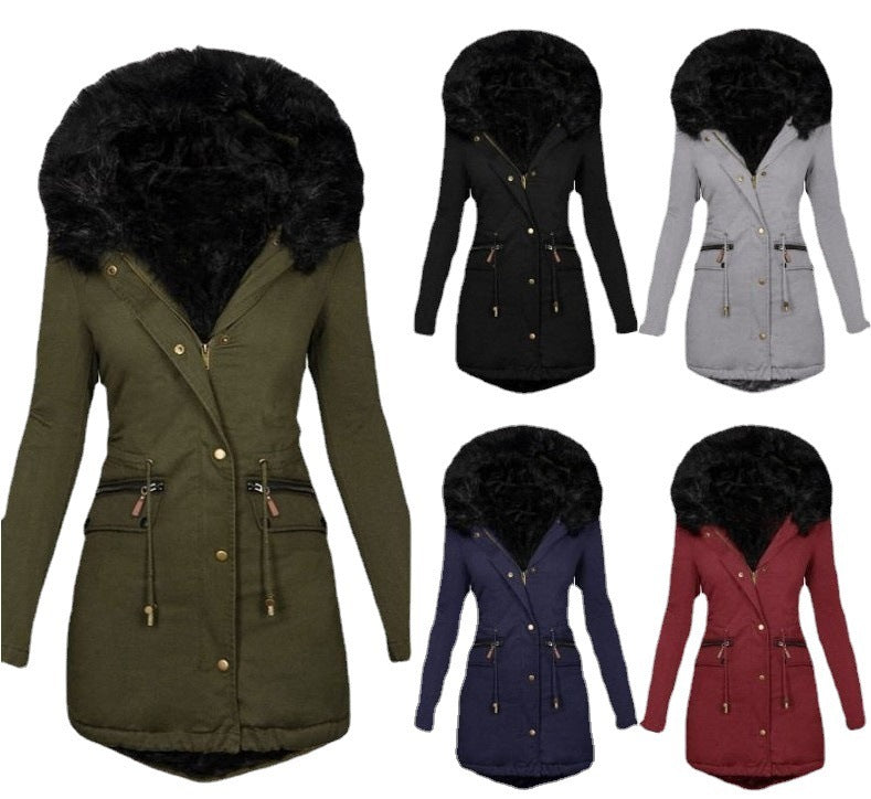 Women's Fur Collar Hood Mid-Length Thermal Cotton Jacket