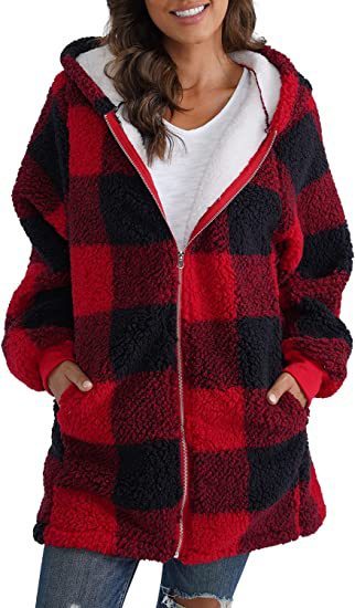 Women's Long Sleeved Plaid Plush Coat