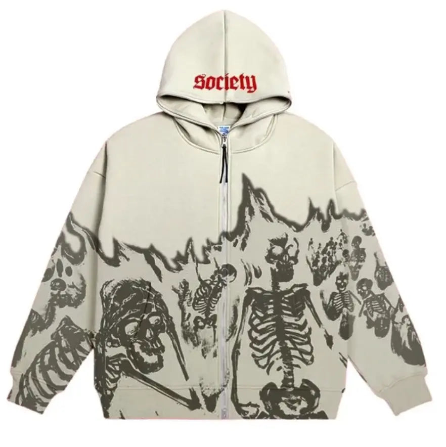 Flame Skeleton Zip Up Hooded Sweatshirt