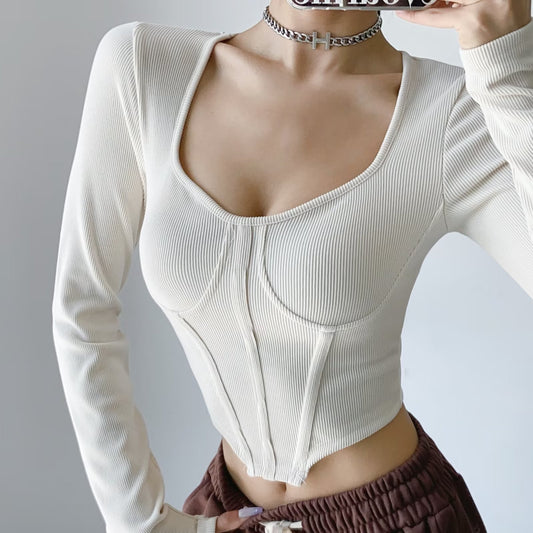 Fish Bone Low Neck Autumn New Slim Short Open Waist Top