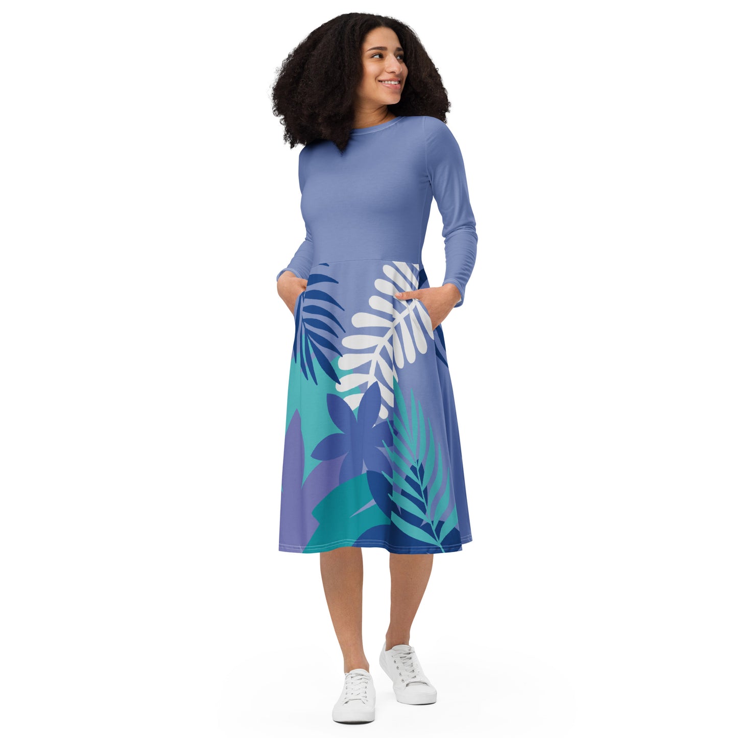 All-over print long sleeve midi dress