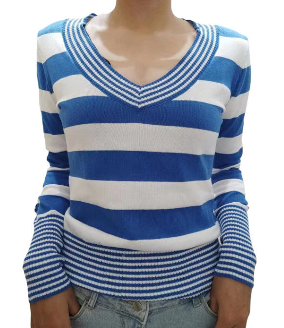 Women's Striped Peach Collar Tight Flared Sleeve Sweater