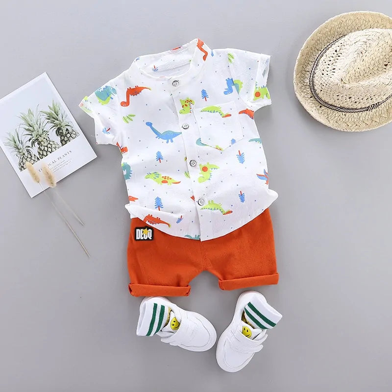 Cartoon Dinosaur Print Toddler Boy Summer Set: Shirt + Pants