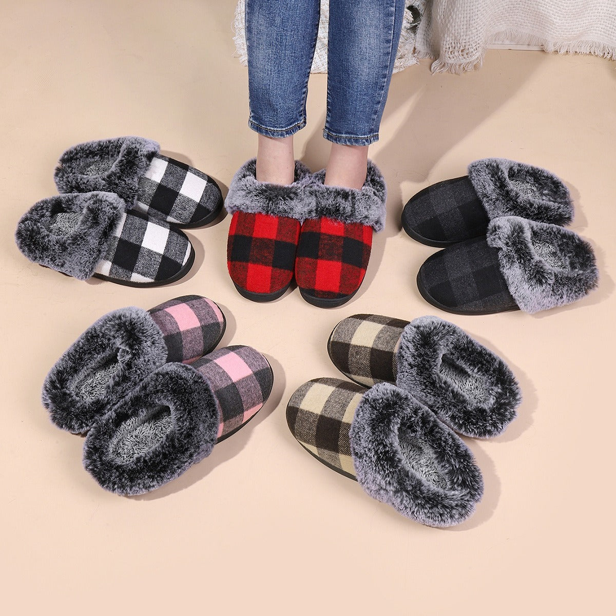 Plaid Fluffy Slippers