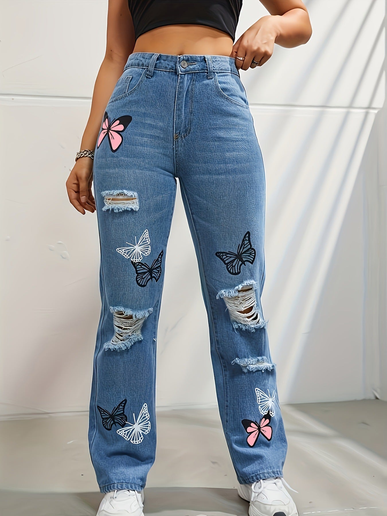 Women's High Waisted Straight Leg Distressed Denim Jeans