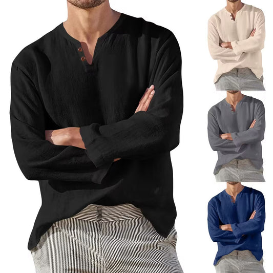 Men's Cotton Long Sleeve V-neck Shirt