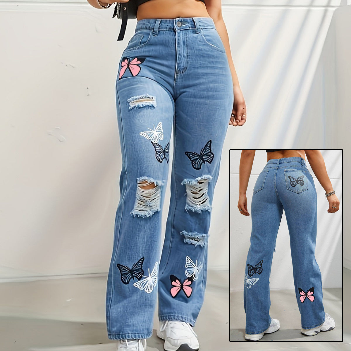 Women's High Waisted Straight Leg Distressed Denim Jeans