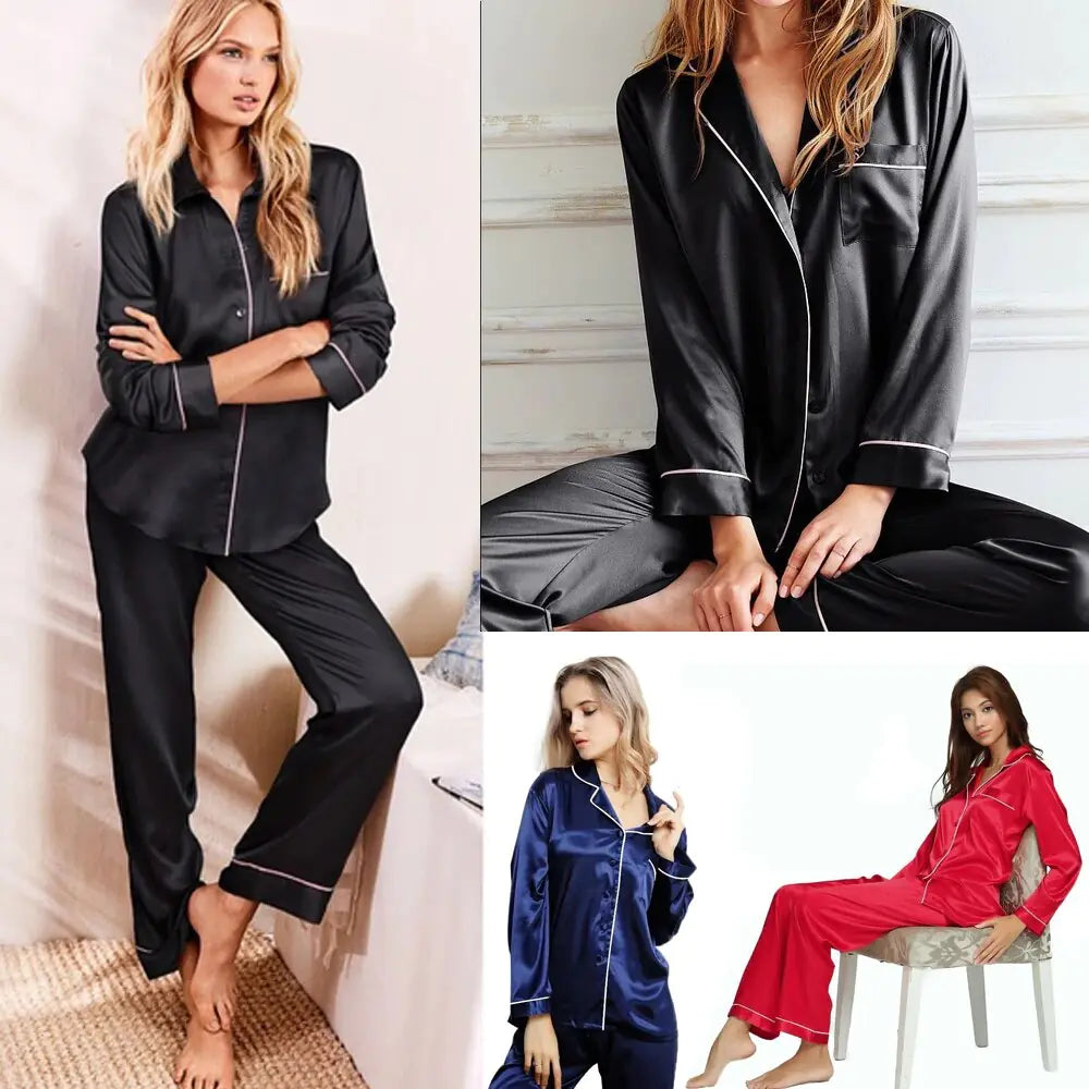 New Elegant Fashion Casual Women Lady Satin Pajamas Set