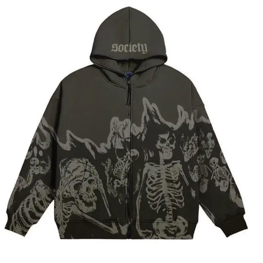 Flame Skeleton Zip Up Hooded Sweatshirt